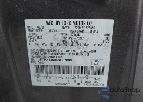 2006 Ford F-150 Fx4/Lariat/Xl/Xlt из США, поврежденный, VIN 1FTPX14596NB87000